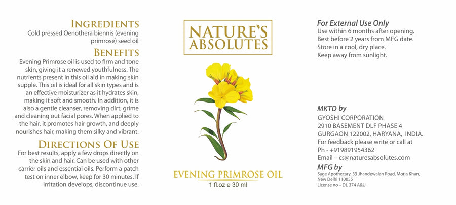 Cold Pressed - Evening Primrose Oil - Natural Moisturizer For hair and skin (30 ml)