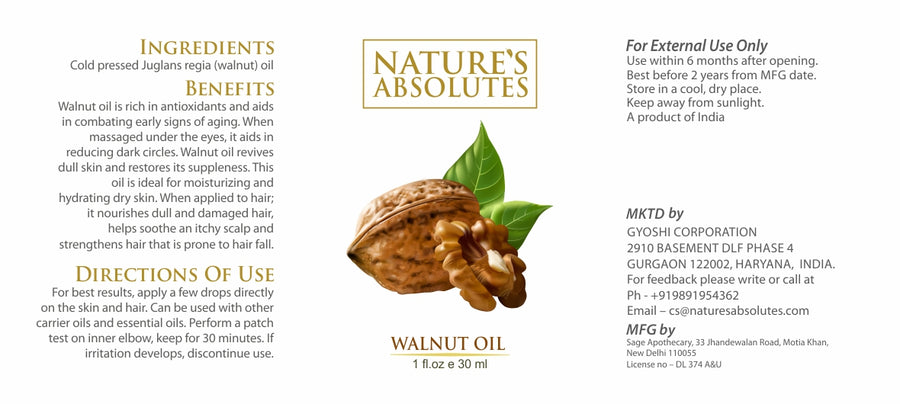 Cold Pressed - Walnut Oil - Natural Moisturizer For hair and skin (30 ml)